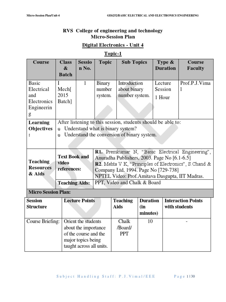 Vimal BEEE Session Plan Unit 4 PDF | PDF