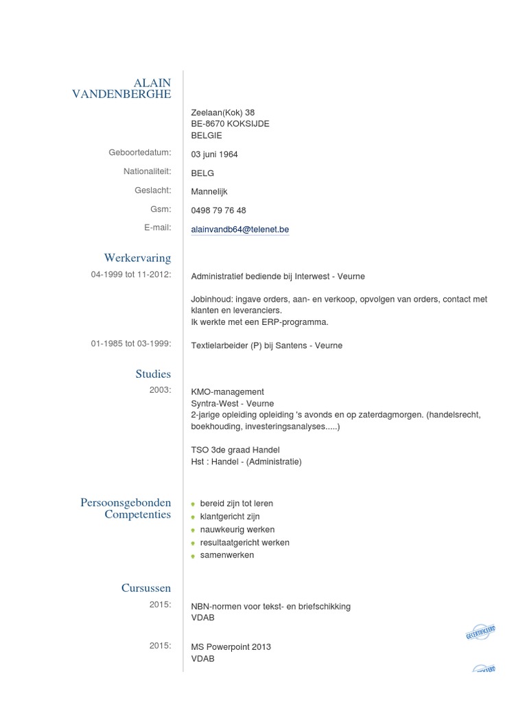 CV Alain Vandenberghe | PDF