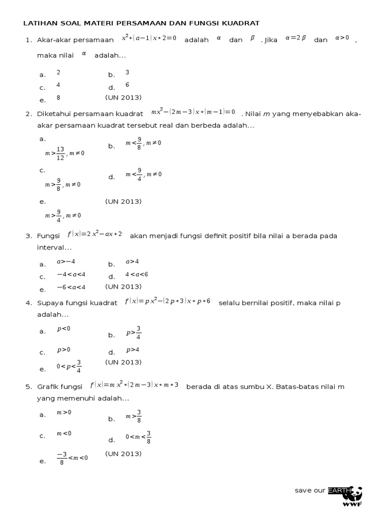 Latihan Soal Materi Persamaan Dan Fungsi Kuadrat