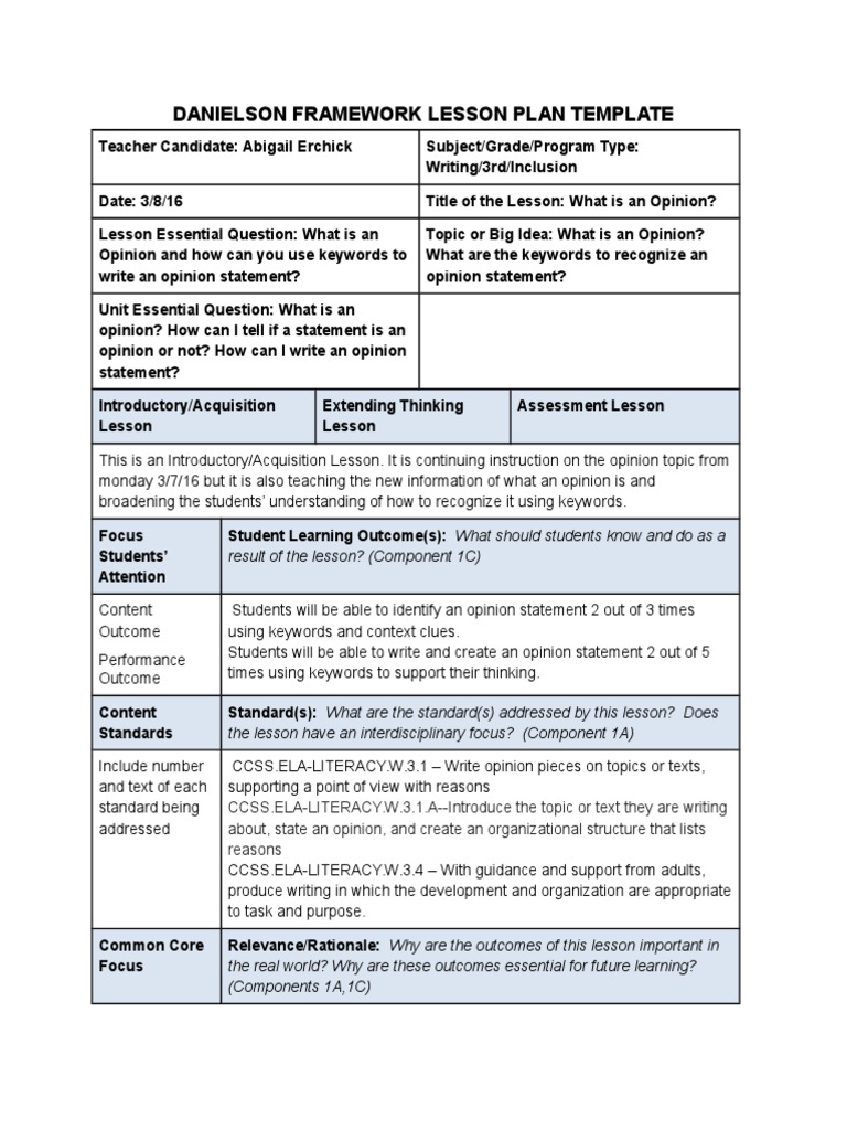Opinion Writing Lesson Plan for 3rd Grade | PDF | Educational ...