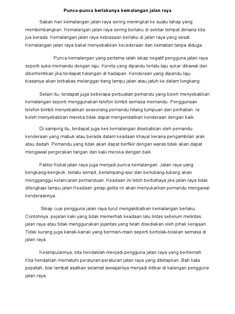 Karangan Punca Berlakunya Kemalangan Pdf