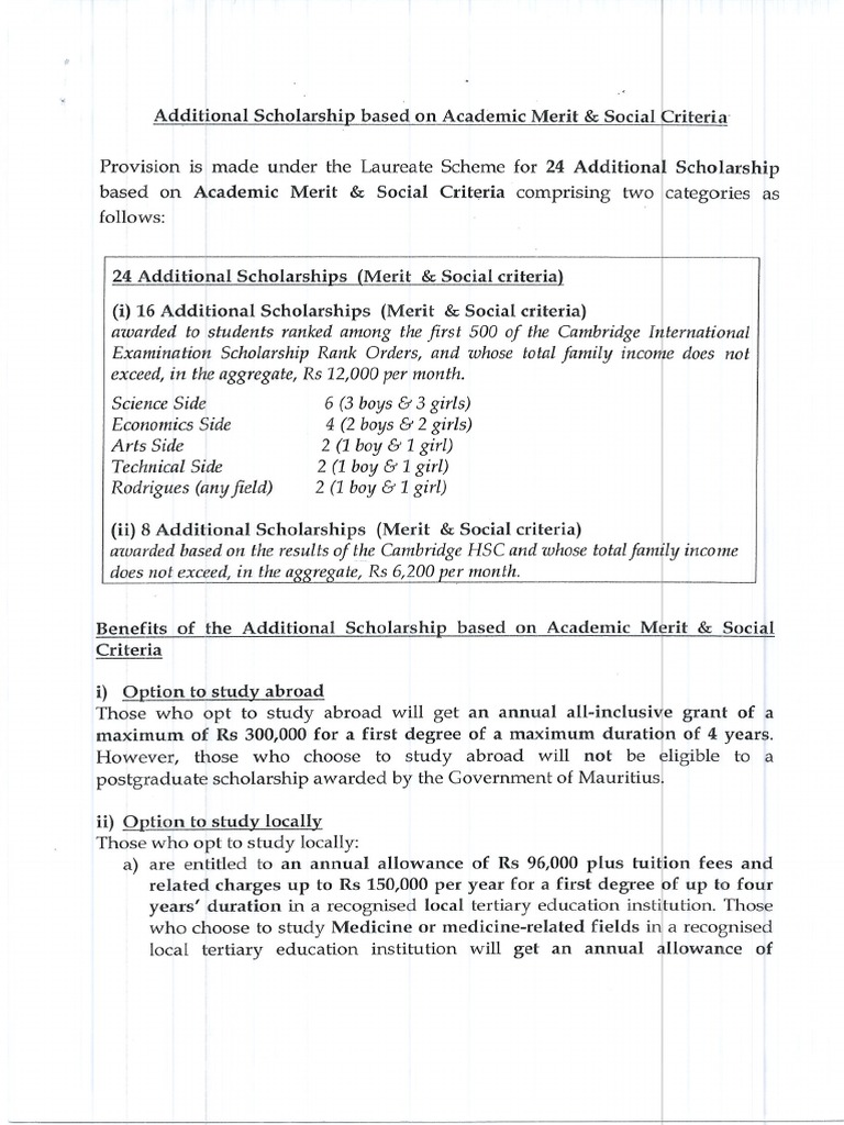 Additional Scholarship Based on Academic Merit & Social Criteria
