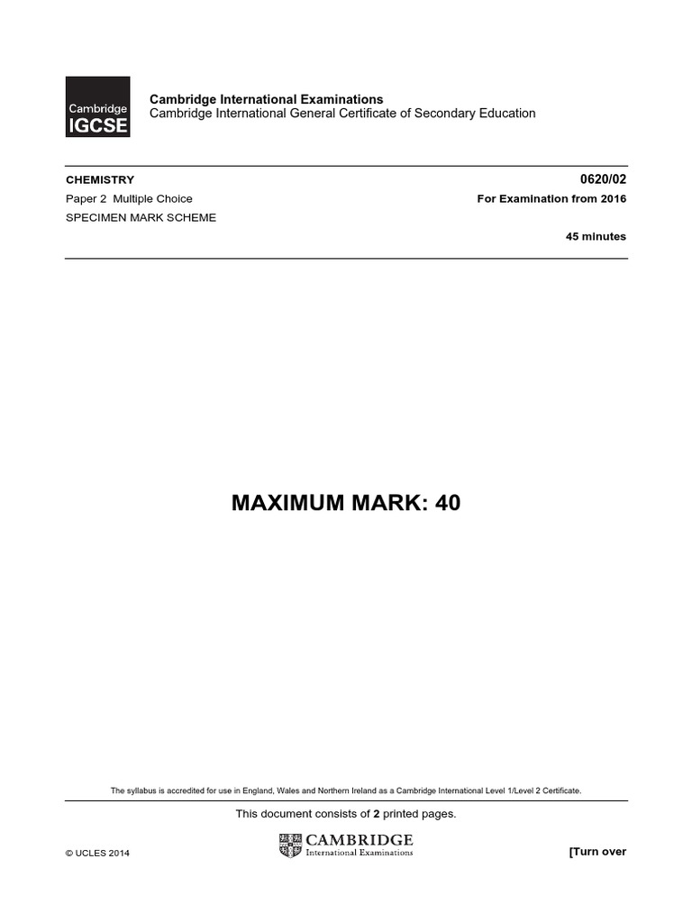 Cambridge IGCSE Chemistry Specimen Mark Scheme | PDF