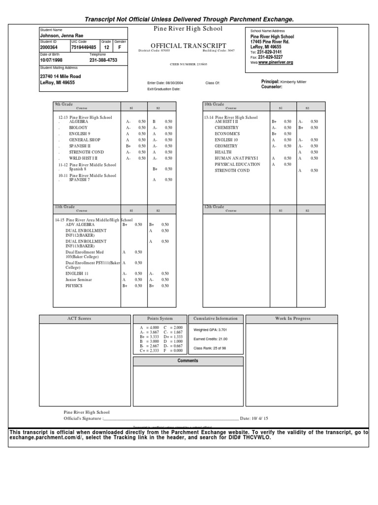 Pine River High School Transcript | PDF