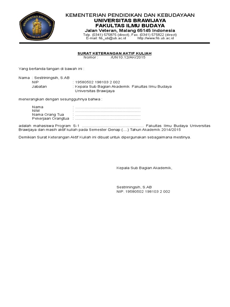 Form Permohonan Surat Keterangan Aktif Kuliah Docx
