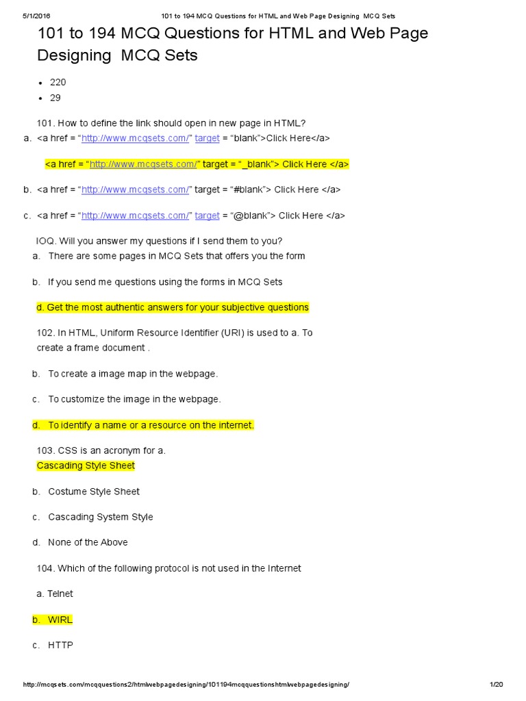 html-mcqs | Html Element | World Wide Web