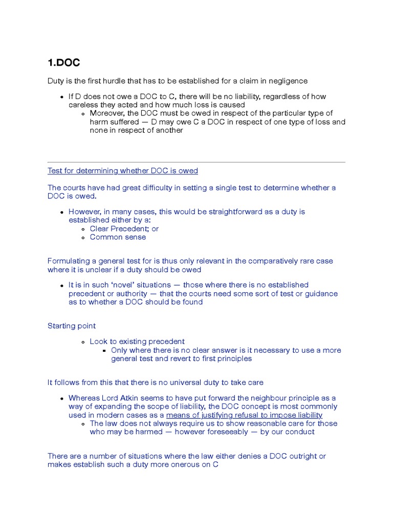 Duty of Care notes | Duty Of Care | Negligence