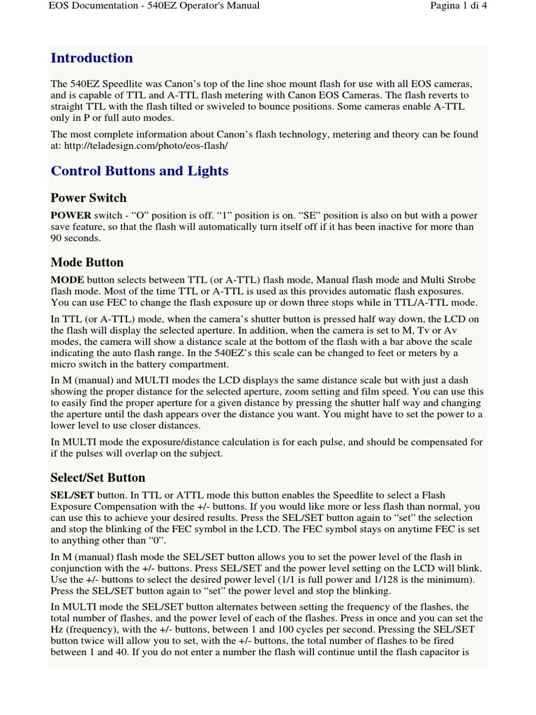 Manuale Canon Speedlite 540EZ English PDF Flash (Photography