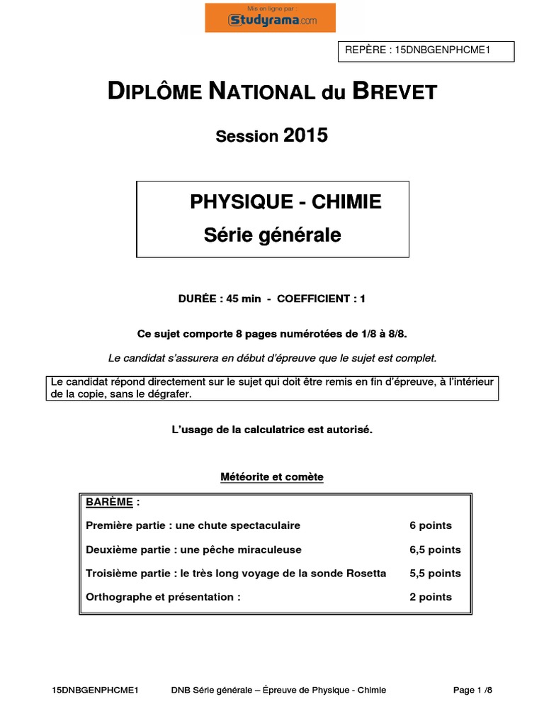 Sujet Brevet Svt Avec Corrigé Pdf 2014 BREVET Sciences-Physiques 2015 | PDF | Météorite | Acide chlorhydrique