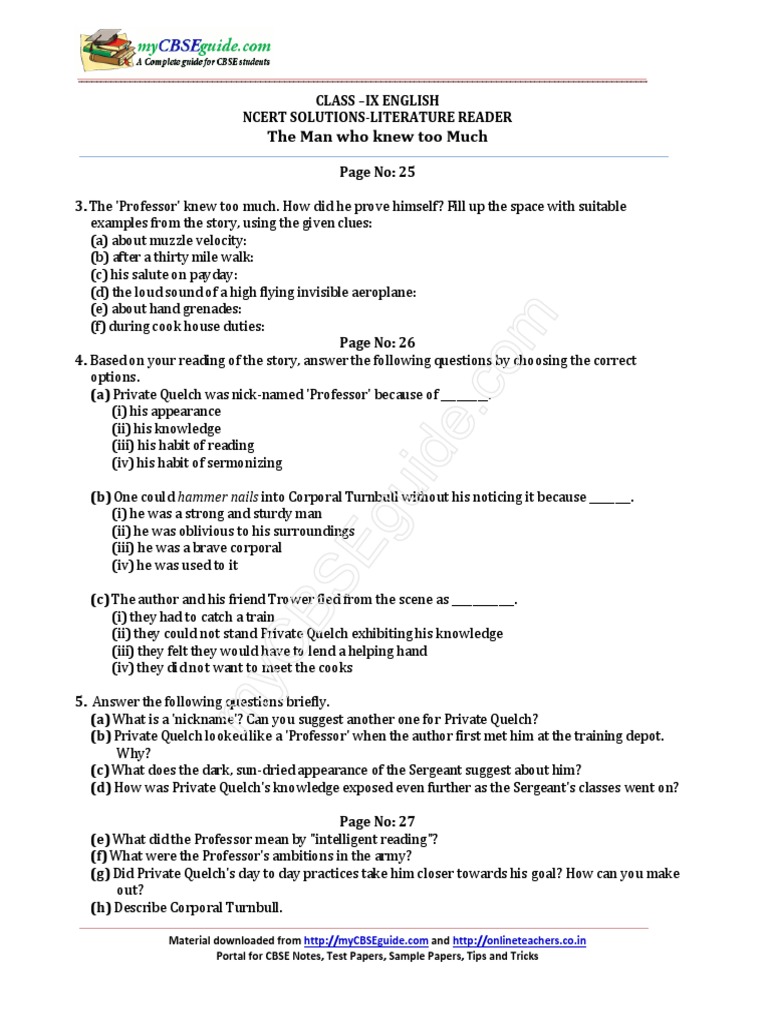 09 English Communicative Ch03 The Man Who Knew Too Much Ques Pdf