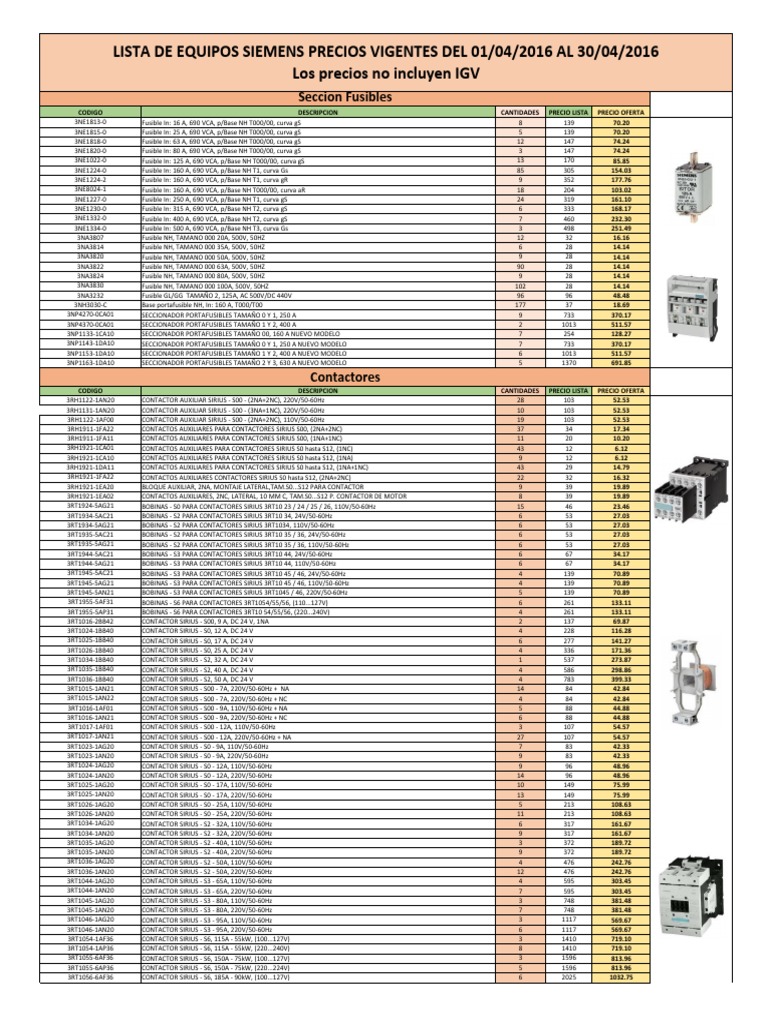 Lista Precio Especial Equipamiento SIEMENS Hardware de la