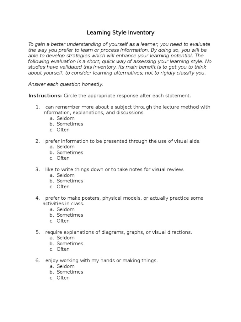 Learning Style Inventory | PDF | Learning Styles | Neuropsychology