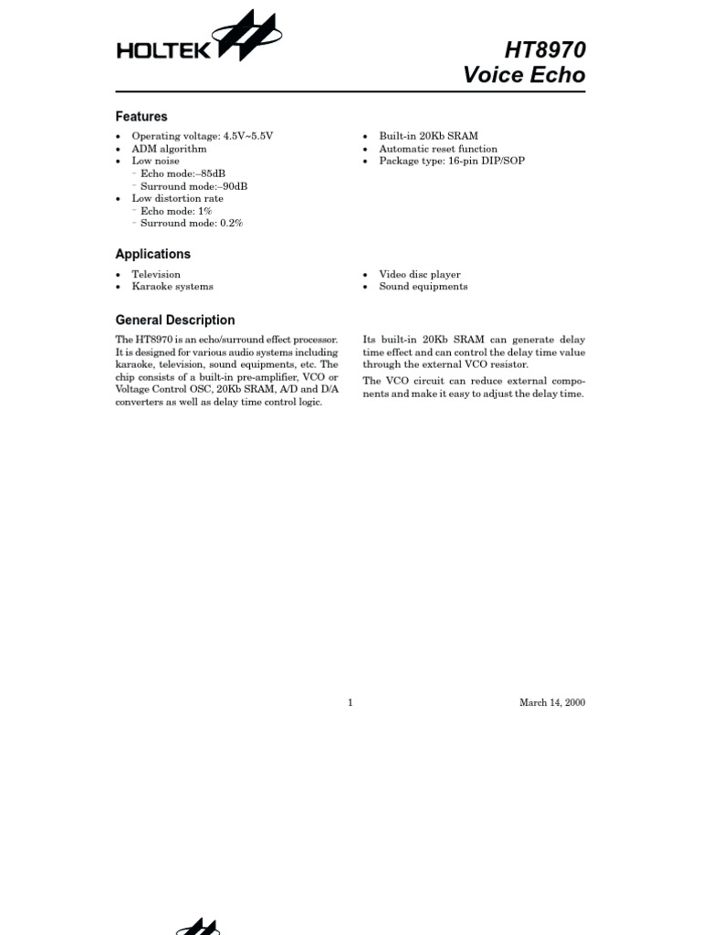 HT8970 Voice Echo: Features | PDF | Distortion | Information And ...