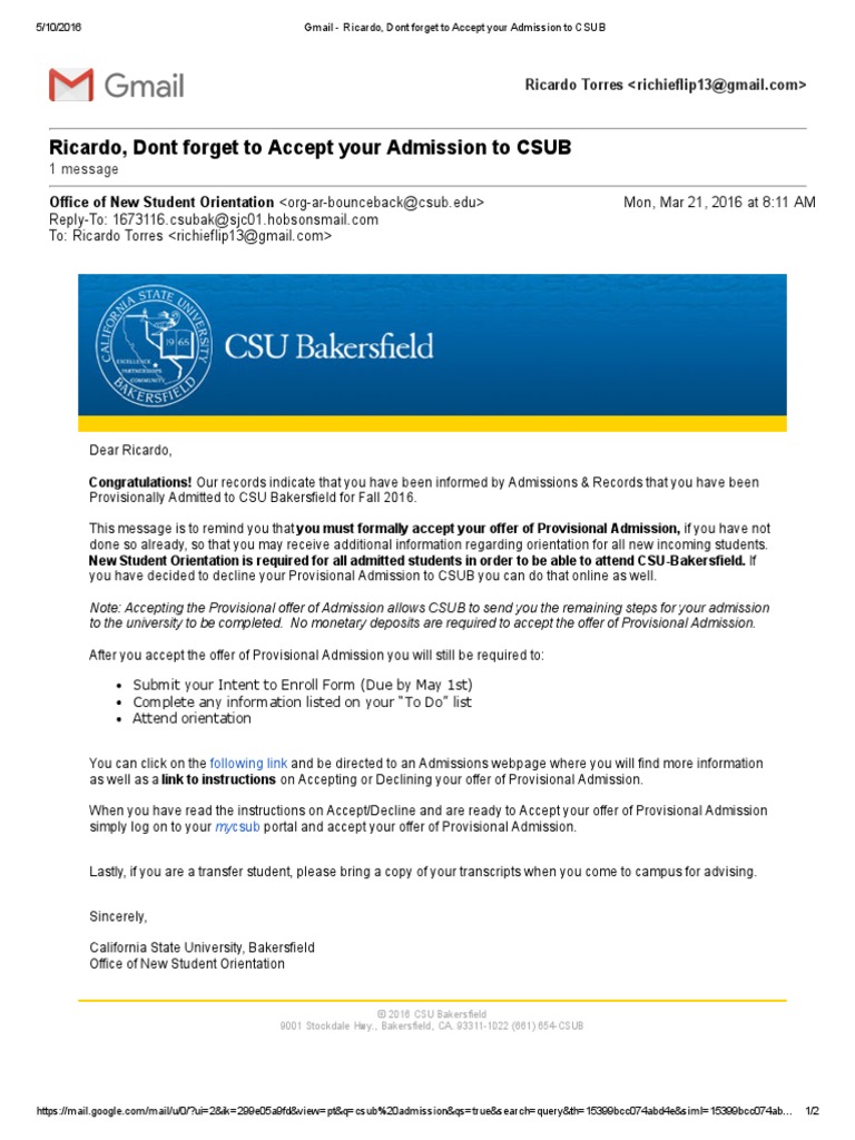 Accept Your CSUB Admission Now | PDF