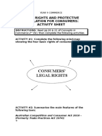 Legal Rights and Protective Legislation For Consumers: Activity Sheet