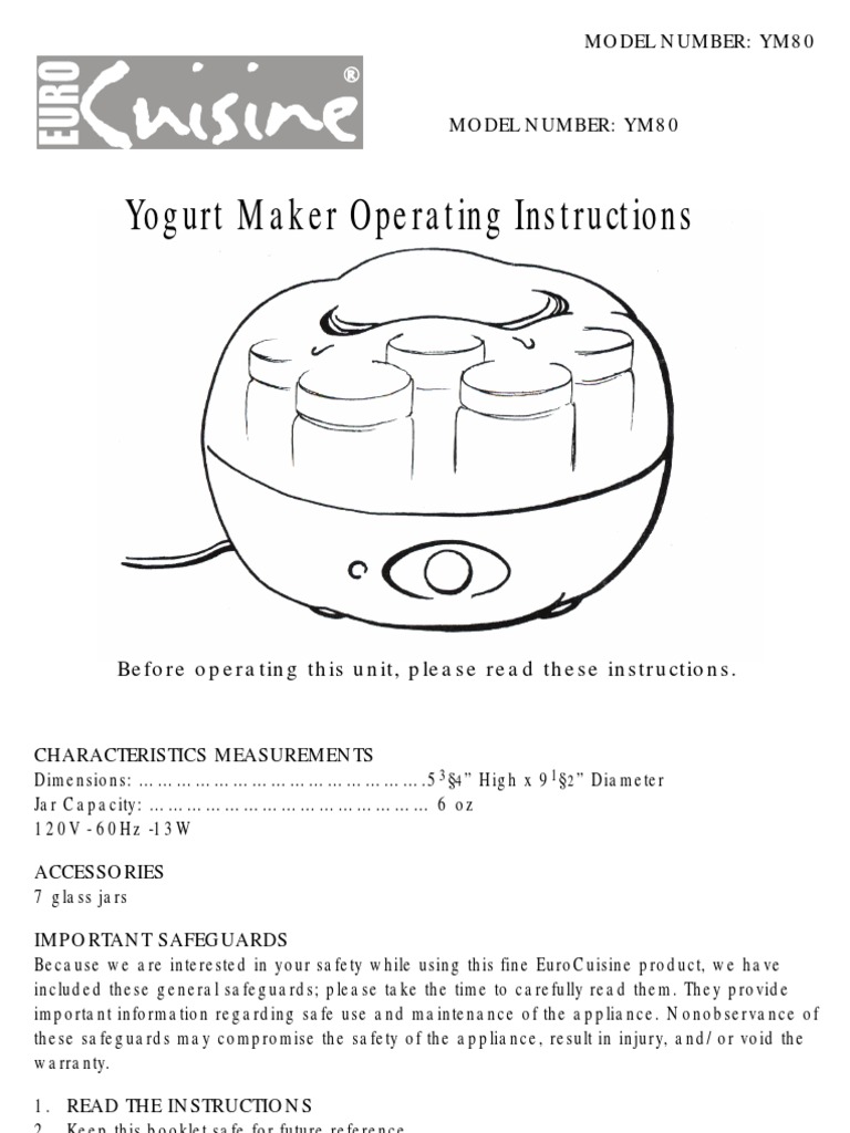 Yogurt Maker Op Erating Instructions Model Number Ym80 PDF Fruit