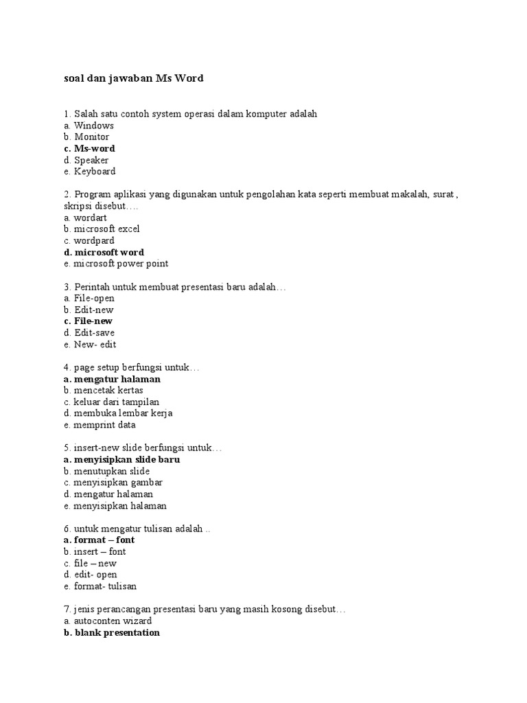 Soal Dan Jawaban Ms Word