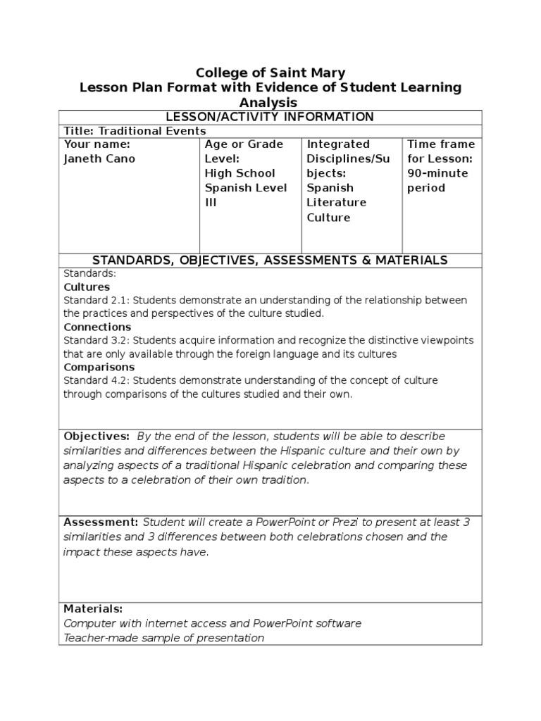 College of Saint Mary Lesson Plan Format With Evidence of Student 