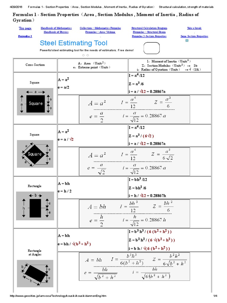 Formulas 1 - Section Properties（Area, Section Modulus, Moment of 