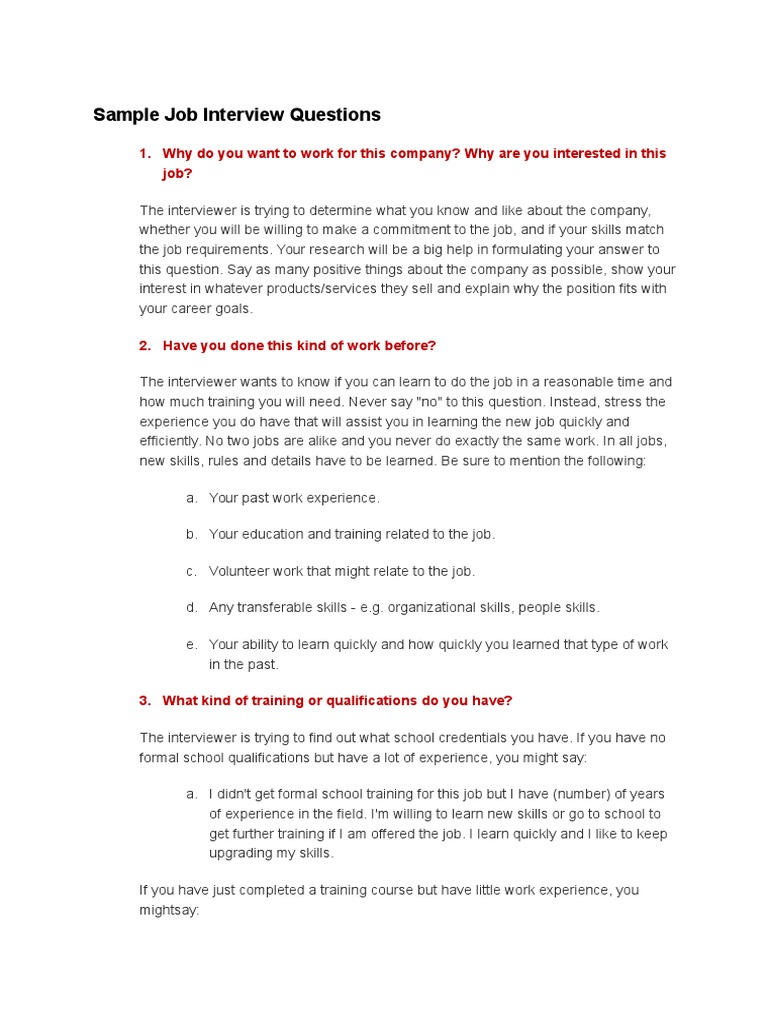 Sample Job Interview Questions | PDF | Job Interview | Layoff