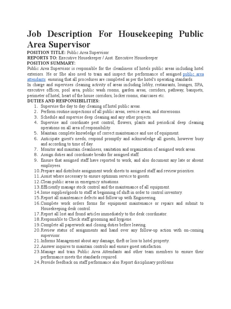Job Description For Housekeeping Public Area Supervisor PDF