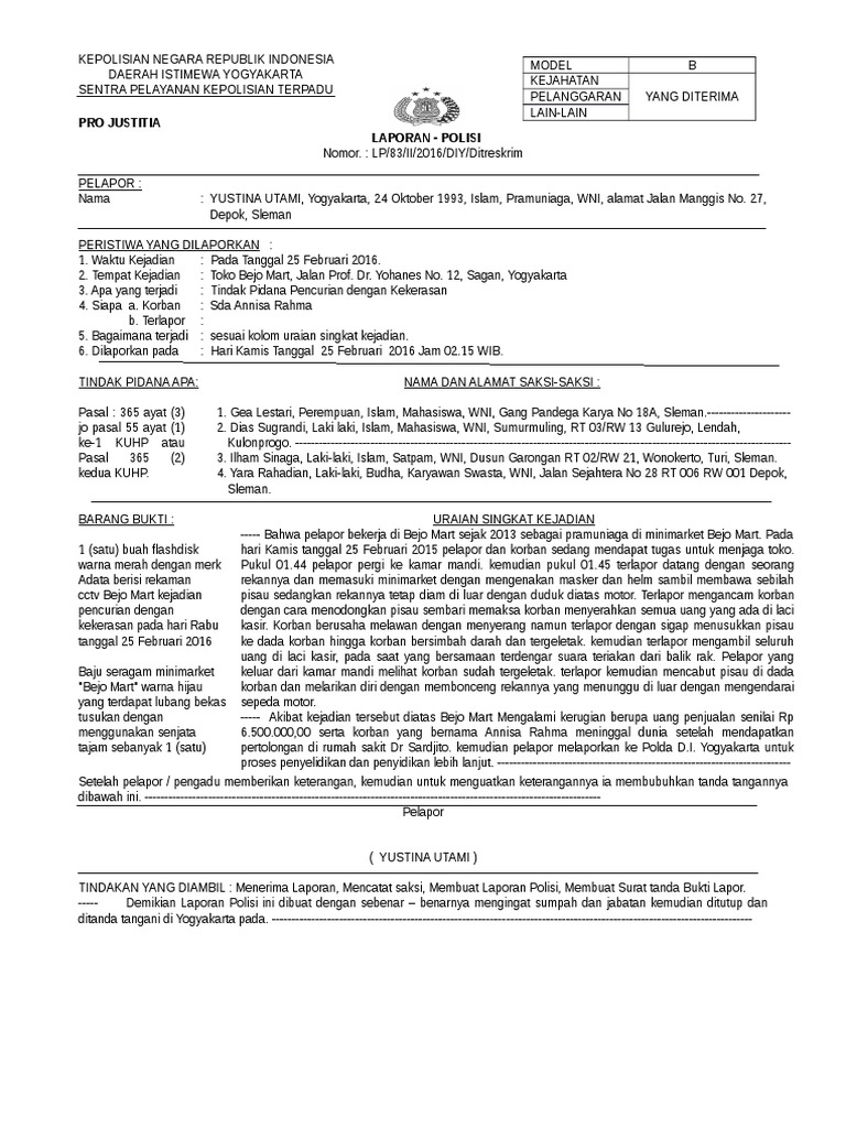 Contoh Laporan Polisi Tulis Tangan Audit Kinerja