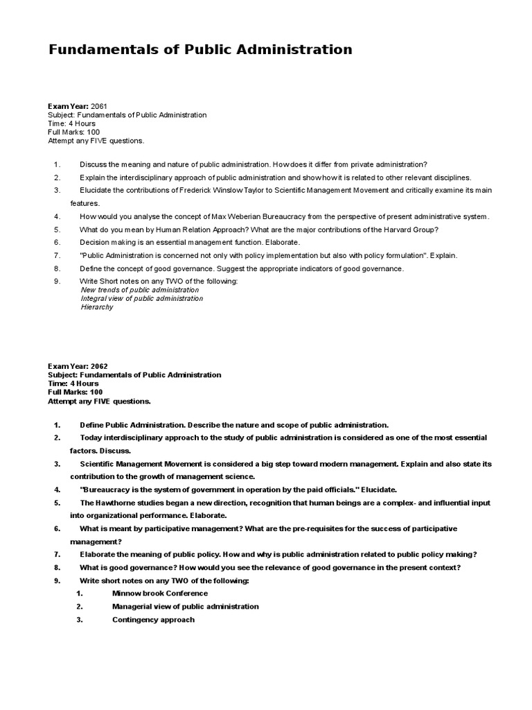 Fundamentals of Public Administration Exam | PDF | Public ...