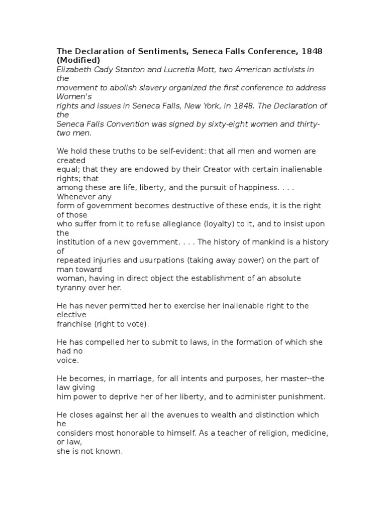 Seneca Falls Declaration of Sentiments | PDF