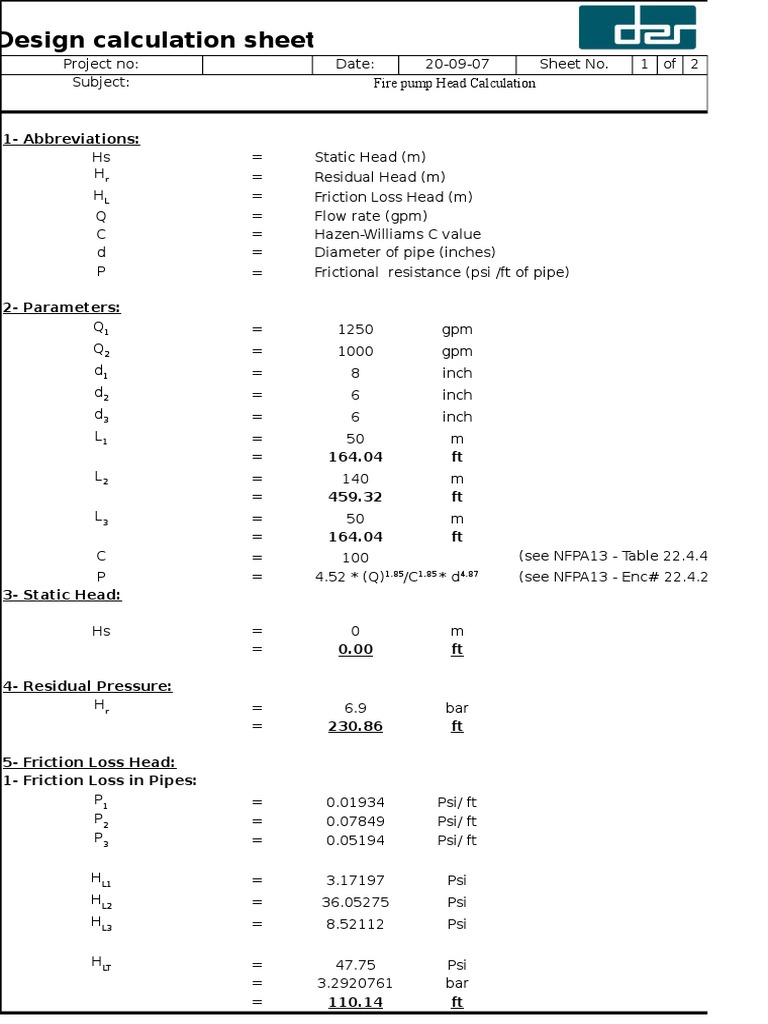 Fire Pump Head Calculation Sheet | PDF