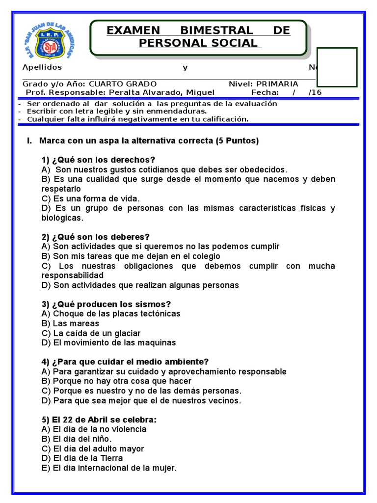 Examen Bimestral de Personal Social 4to | PDF