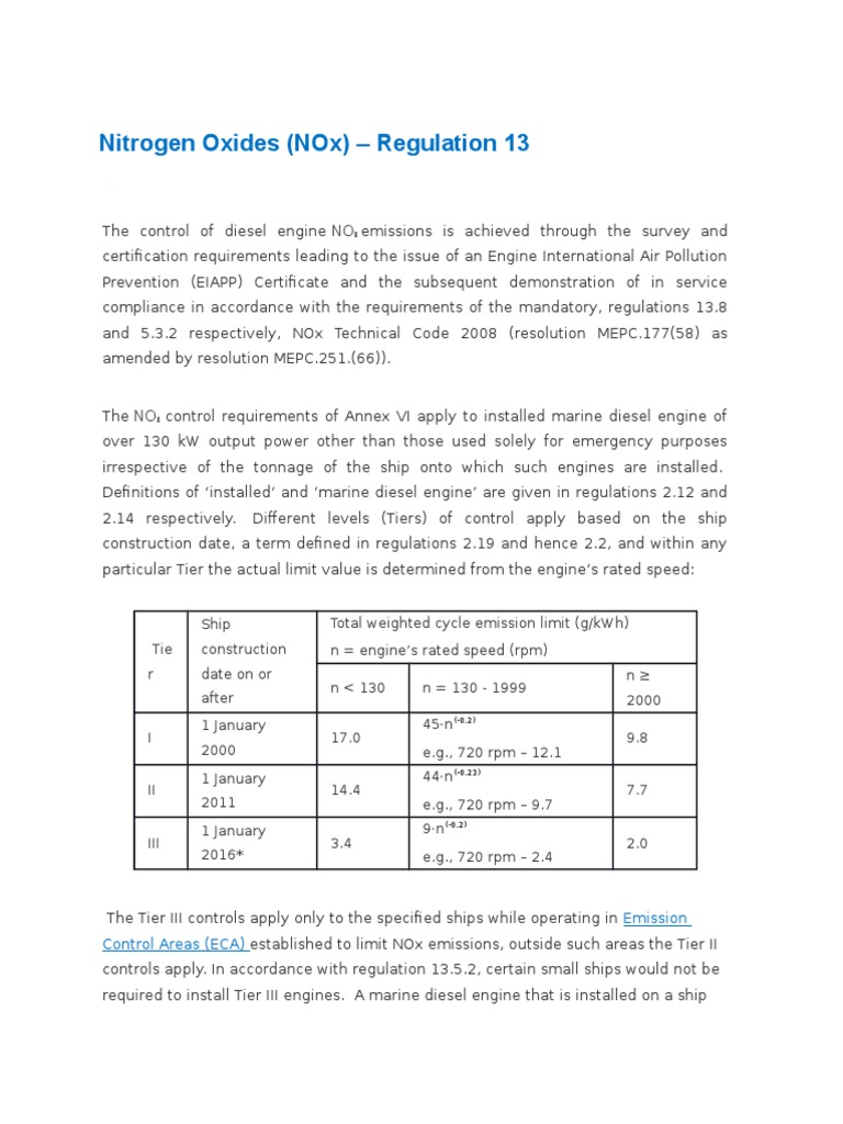 Regulation of Nitrogen Oxide Emissions from Marine Diesel Engines