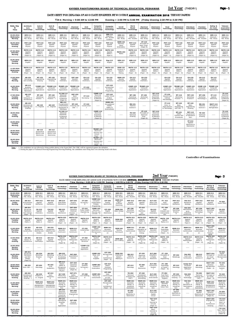 DAE Electrical 1st Year Date Sheet 2016 | PDF | Electronics | Engineering