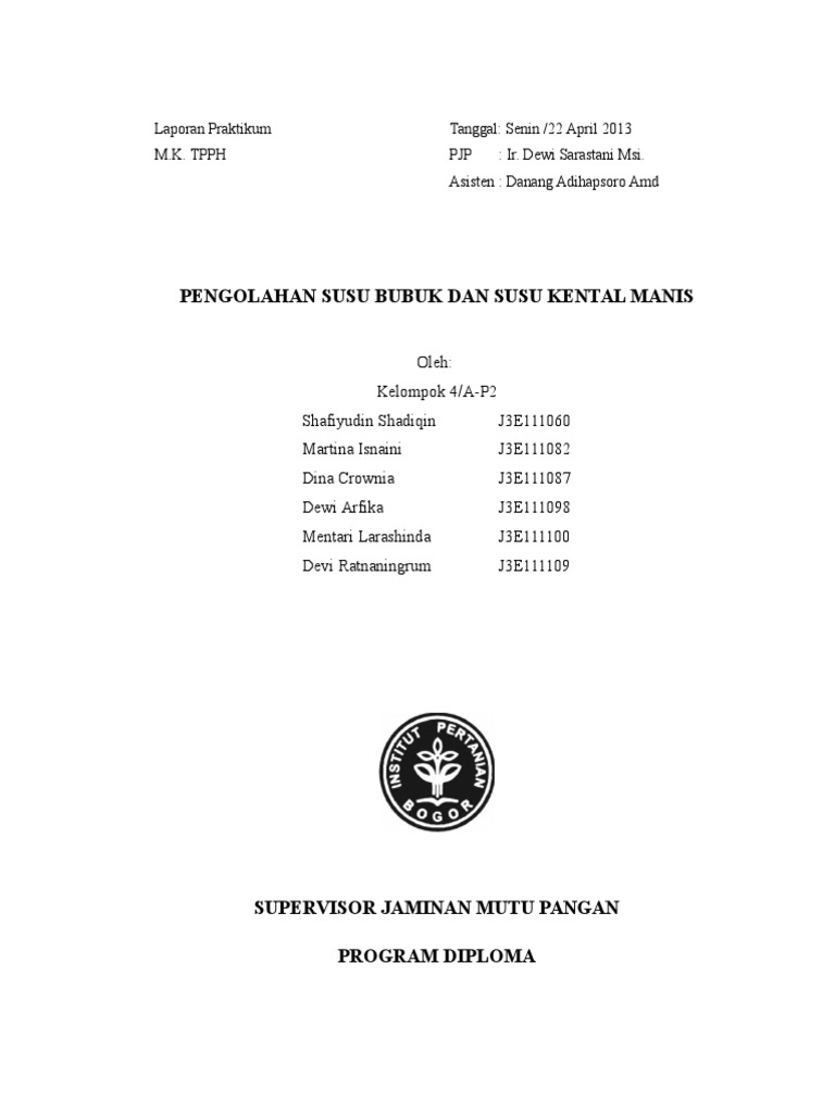 Laporan Pengolahan Susu Bubuk Dan Susu Kental Manis | PDF
