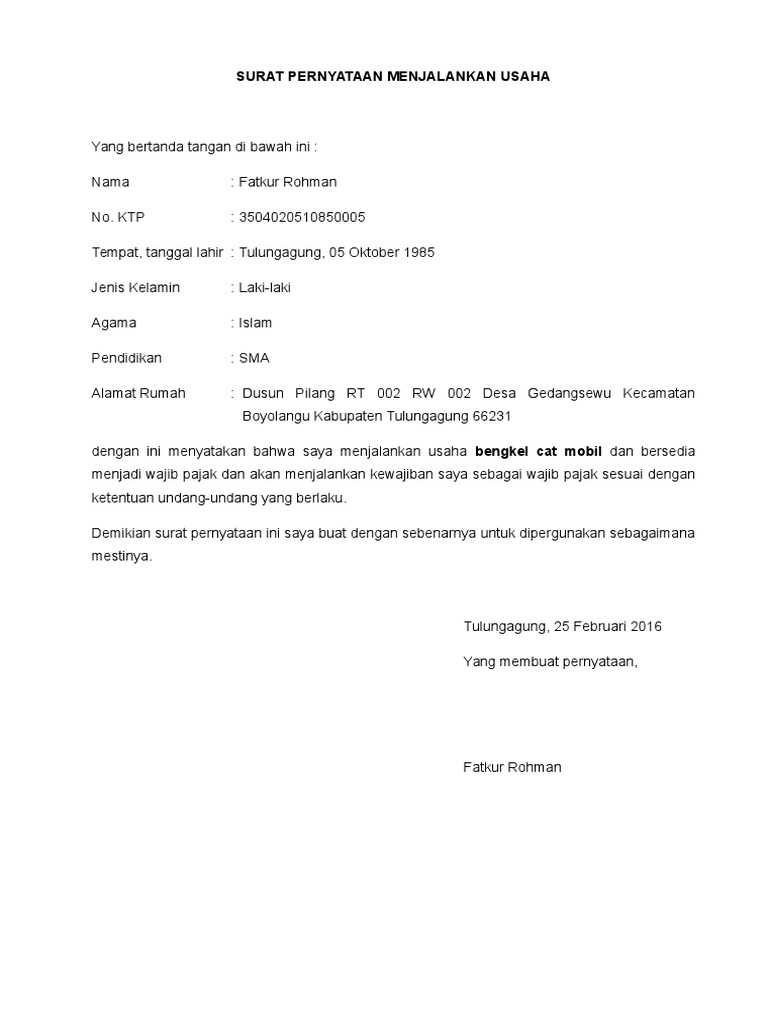 Contoh Format Surat Pernyataan Melakukan Kegiatan Usaha  Kumpulan