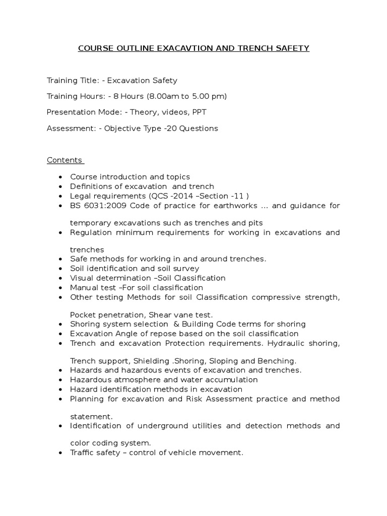 Course Outline Exacavtion and Trench Safety | PDF