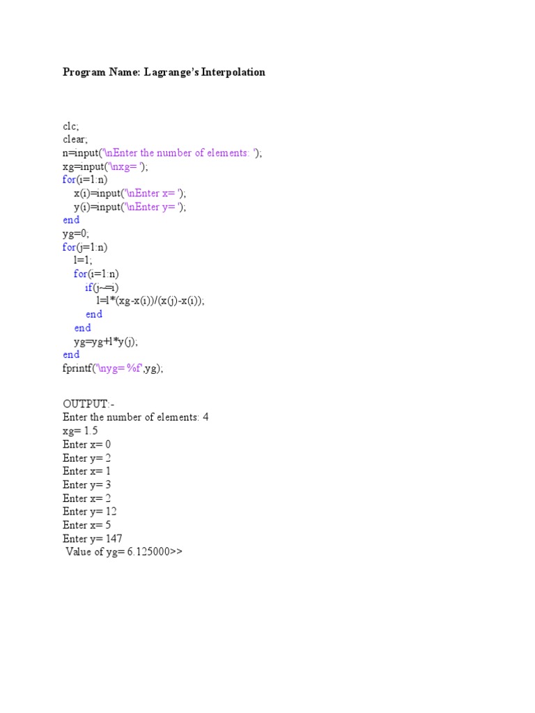 Lagrange Interpolation Method Code | PDF