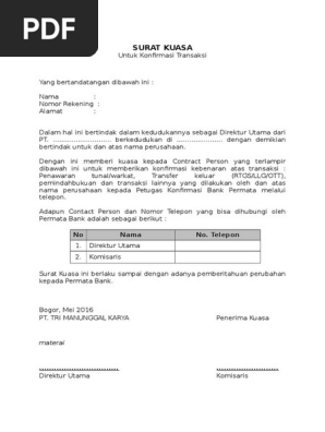 Surat Kuasa Untuk Konfirmasi Bank