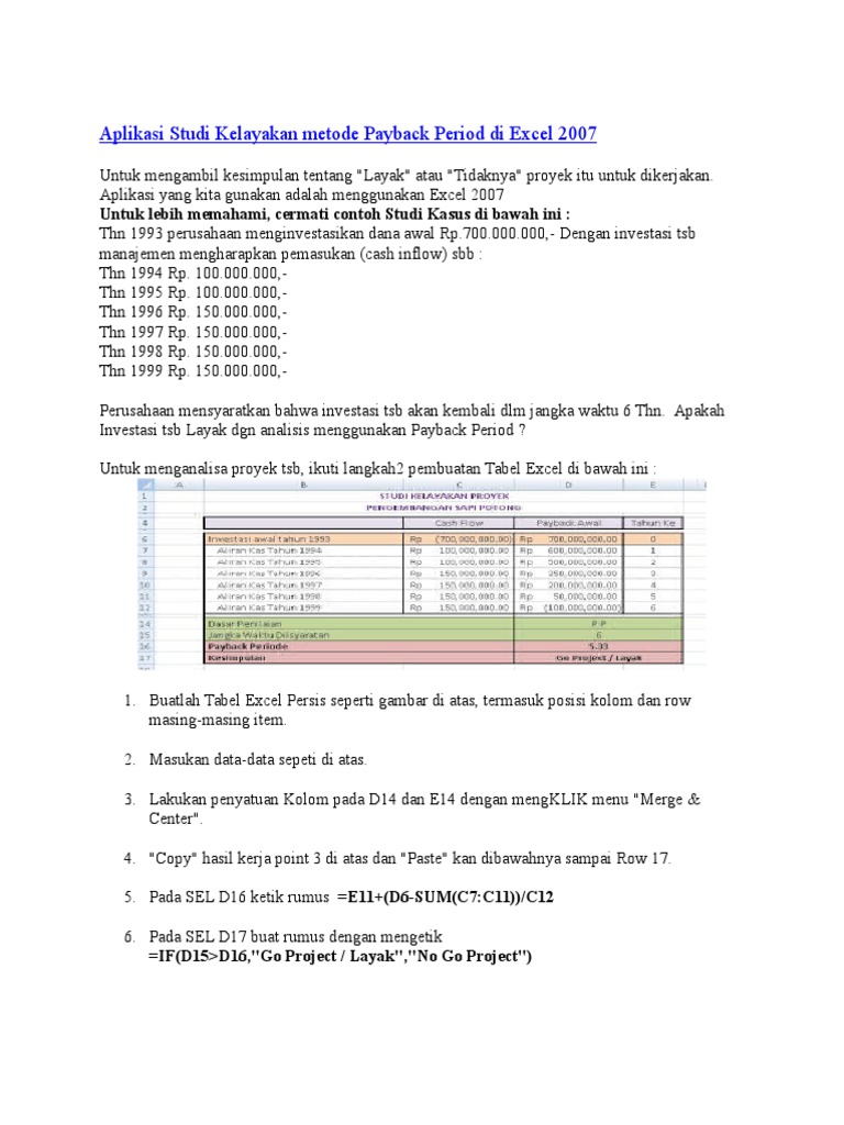 Aplikasi Studi Kelayakan Metode Payback Period Di Excel 2007