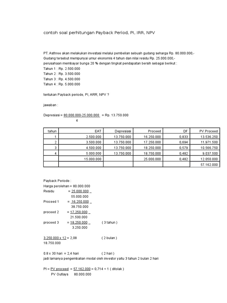 Contoh Soal Perhitungan Payback Period