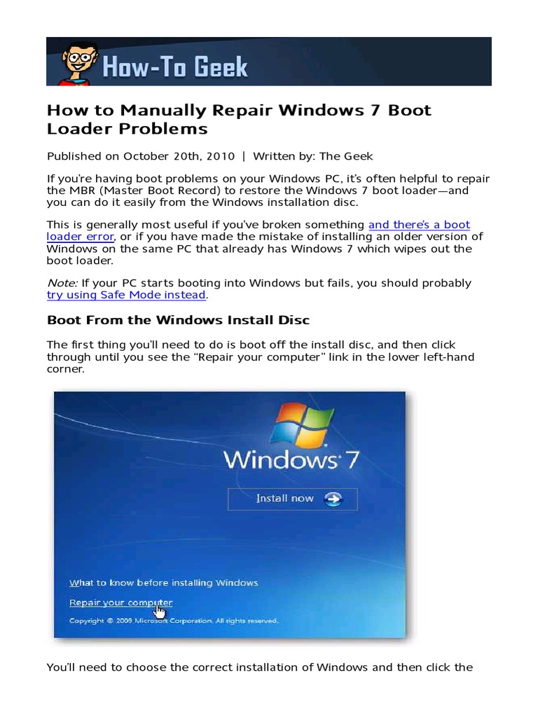 How To Manually Repair Windows 7 Boot Loader Problems PDF Booting