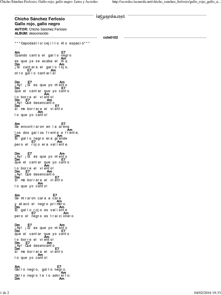 Chicho Sanchez Ferlosio Gallo Rojo Gallo Negro Letra Y Acordes Musica Grabada Musica Pop