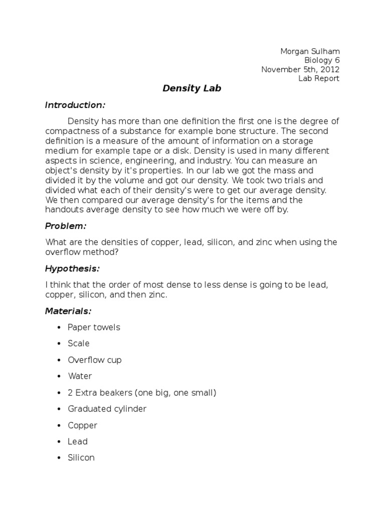 lab report density Density Chemistry
