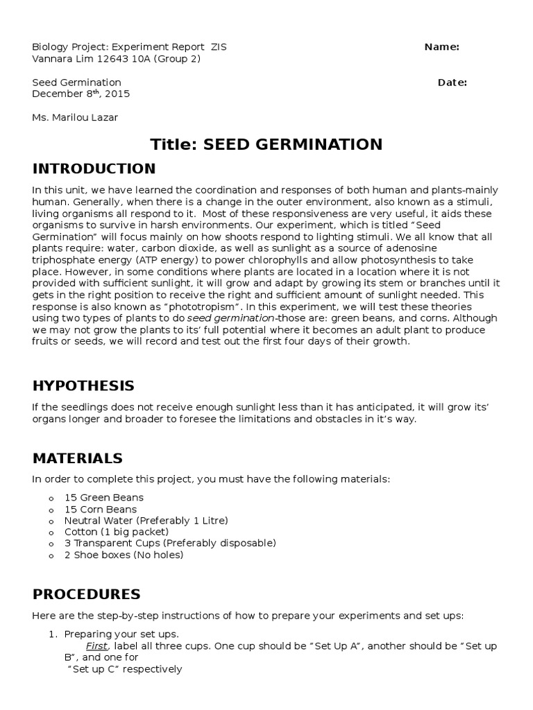 Seed Germination Report Sample (Easy) Seedling Seed