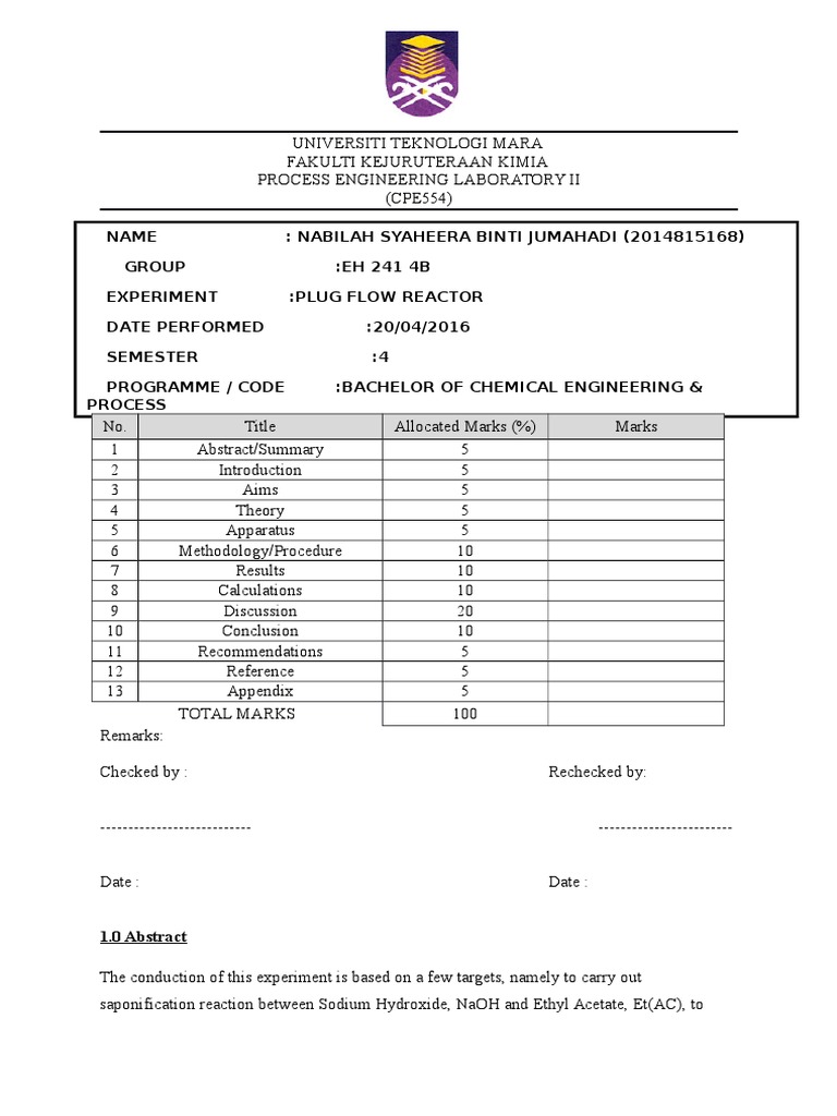 uitm lab report Plug Flow Reactor Chemical Reactor Stoichiometry