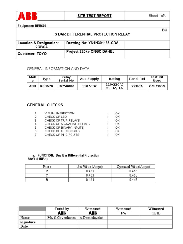 REB670 Bus Bar Protection Test Report | PDF