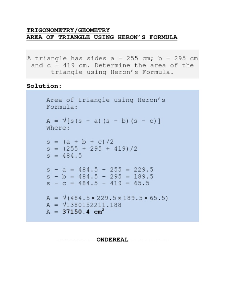 Area of Triangle Using Heron's Formula | PDF