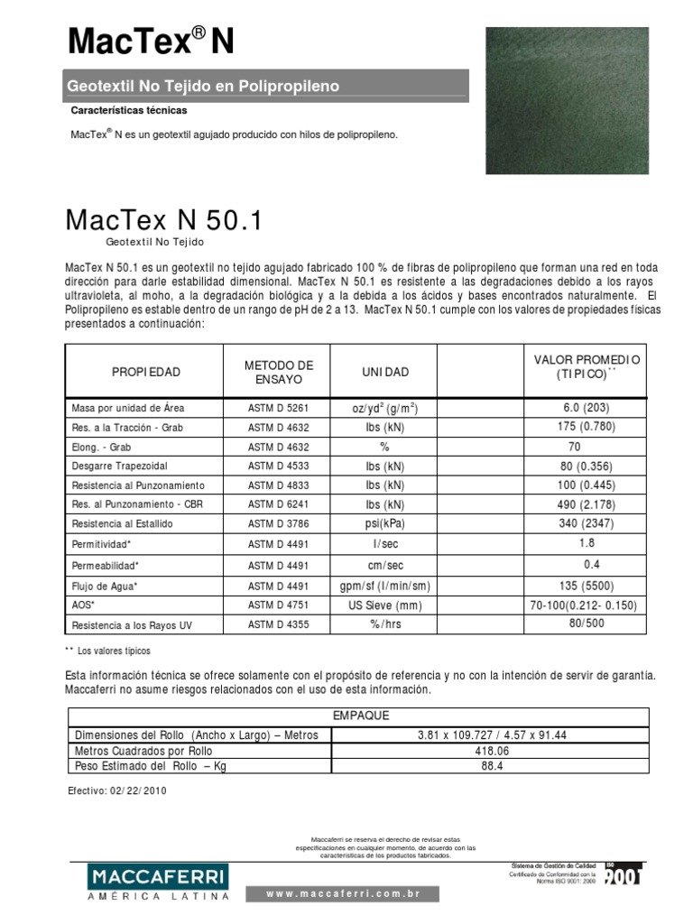 Geotextil MacTex N 50.1: Ficha Técnica | PDF