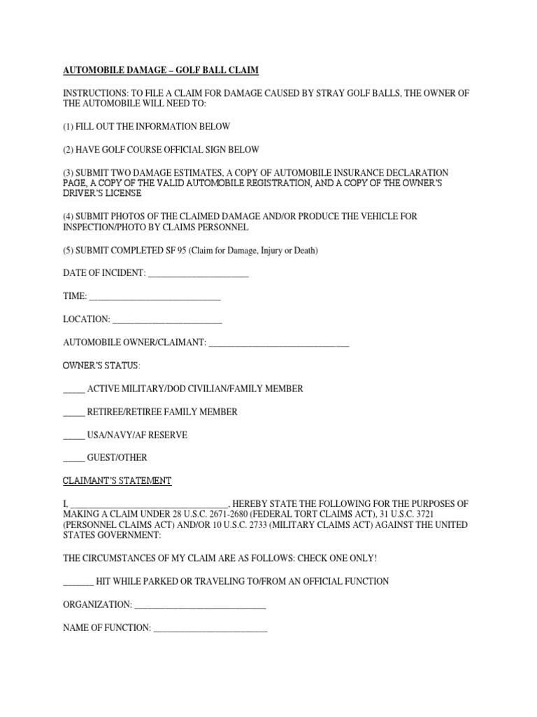 Golf Ball Damage Claim Instructions | PDF | Vehicle Insurance | Damages