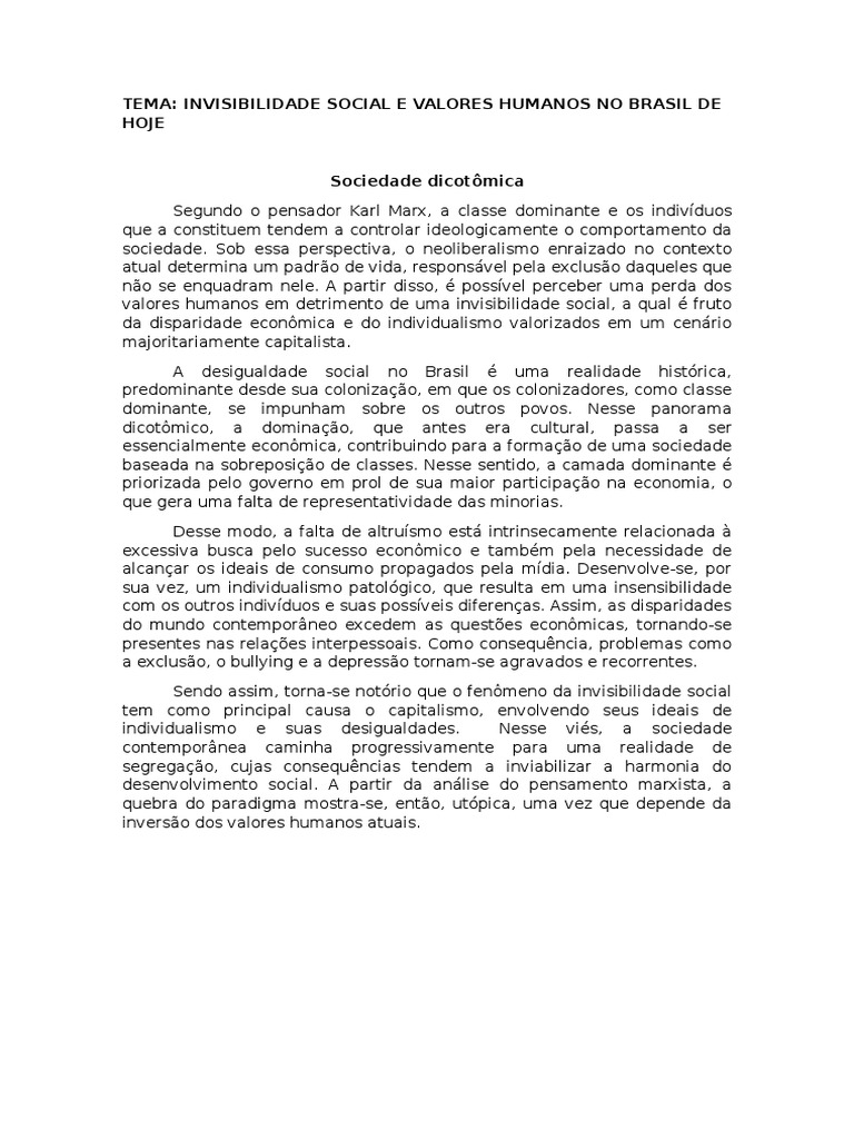 Redação Exemplar 10EM3 Invisibilidade Social e Valores Humanos No Brasil de Hoje