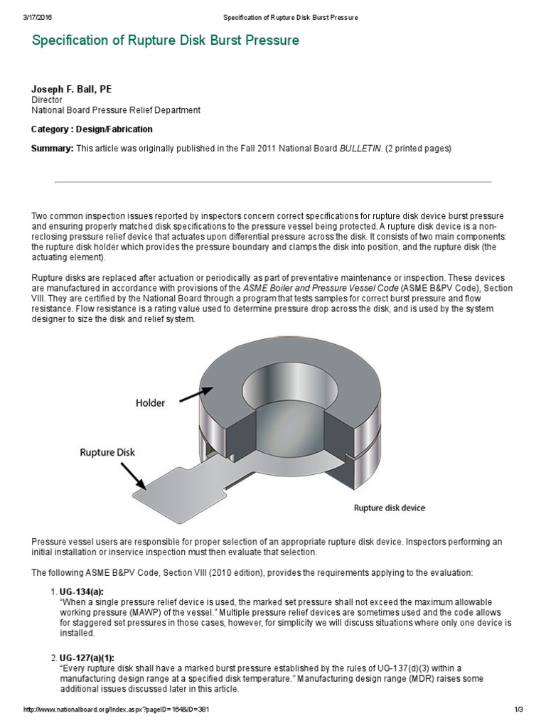 NB18 Specification of Rupture Disk Burst Pressure Temperature